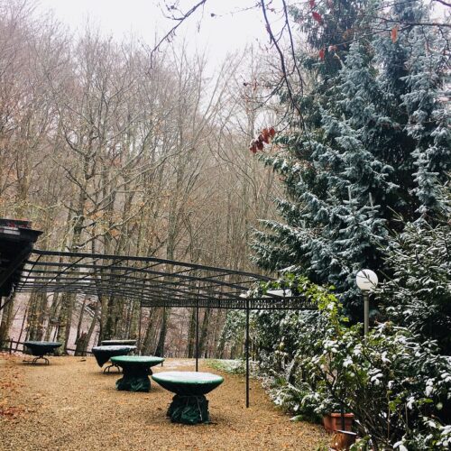 Giardino innevato con tavoli coperti e alberi spogli.